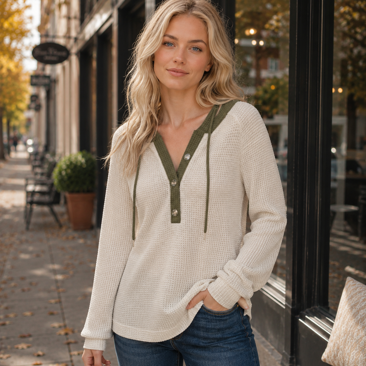 Relaxed Vaffelstrik Hoodie Med V-Hals Og Knapdetaljer