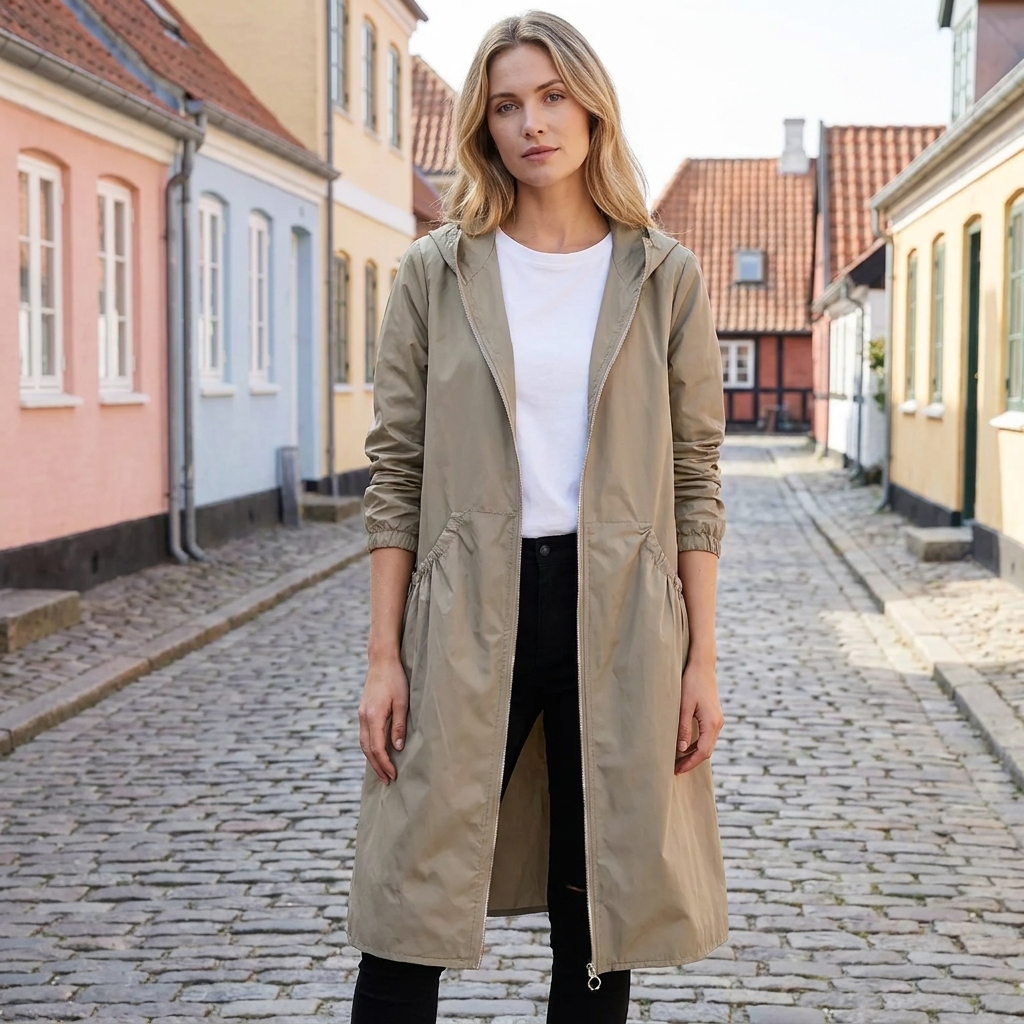 Vandafvisende Hættejakke Til Kvinder Med Lang Pasform Og Store Lommer