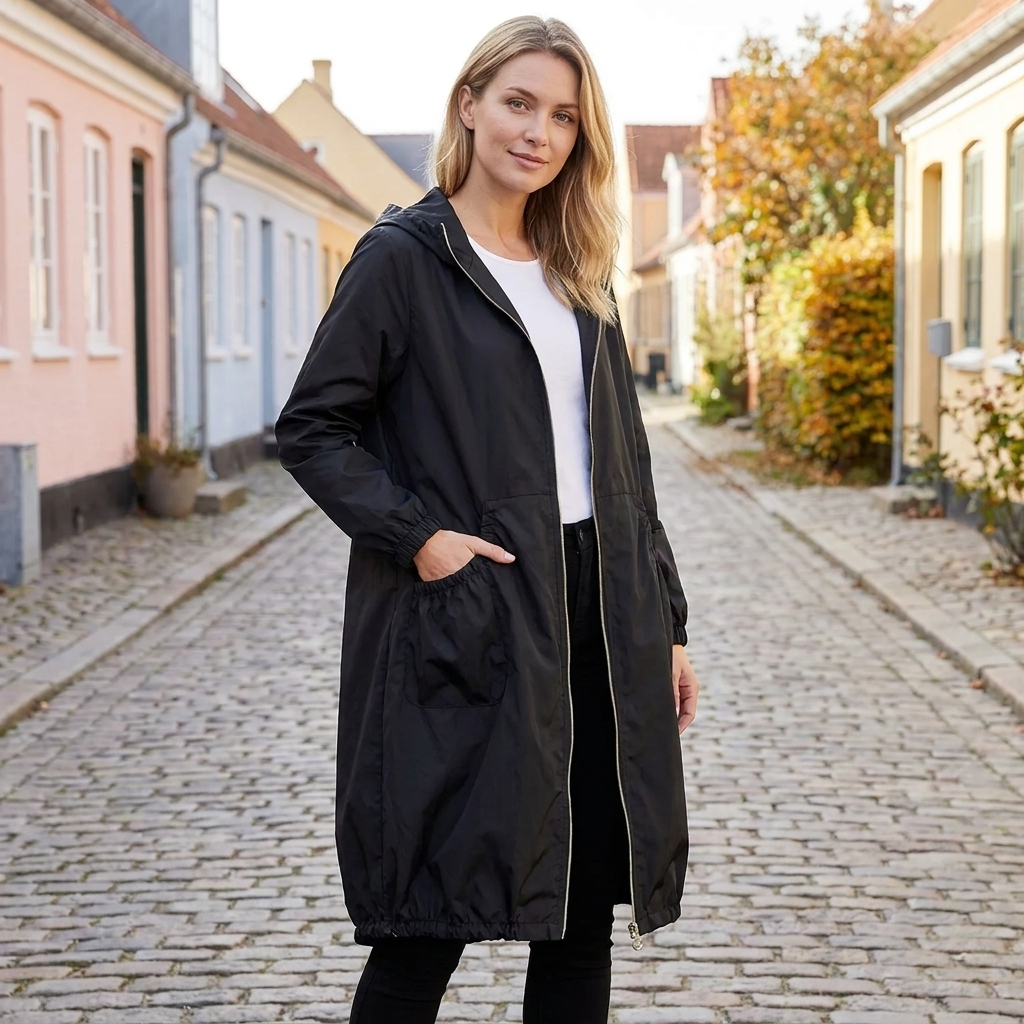 Vandafvisende Hættejakke Til Kvinder Med Lang Pasform Og Store Lommer