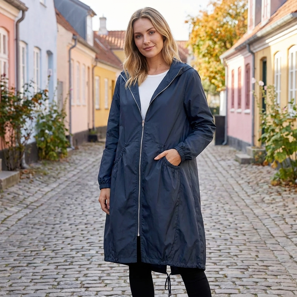 Vandafvisende Hættejakke Til Kvinder Med Lang Pasform Og Store Lommer