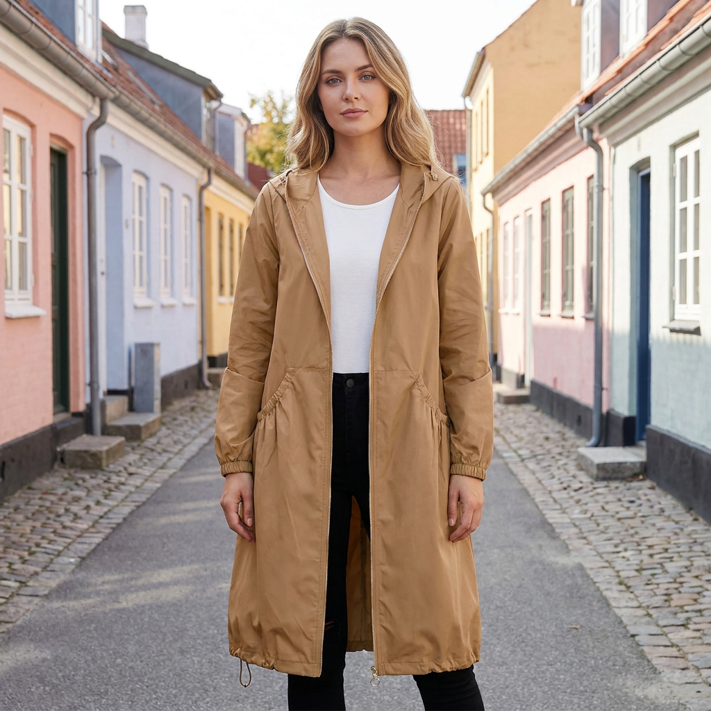 Vandafvisende Hættejakke Til Kvinder Med Lang Pasform Og Store Lommer