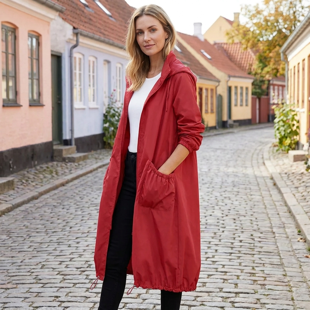 Vandafvisende Hættejakke Til Kvinder Med Lang Pasform Og Store Lommer