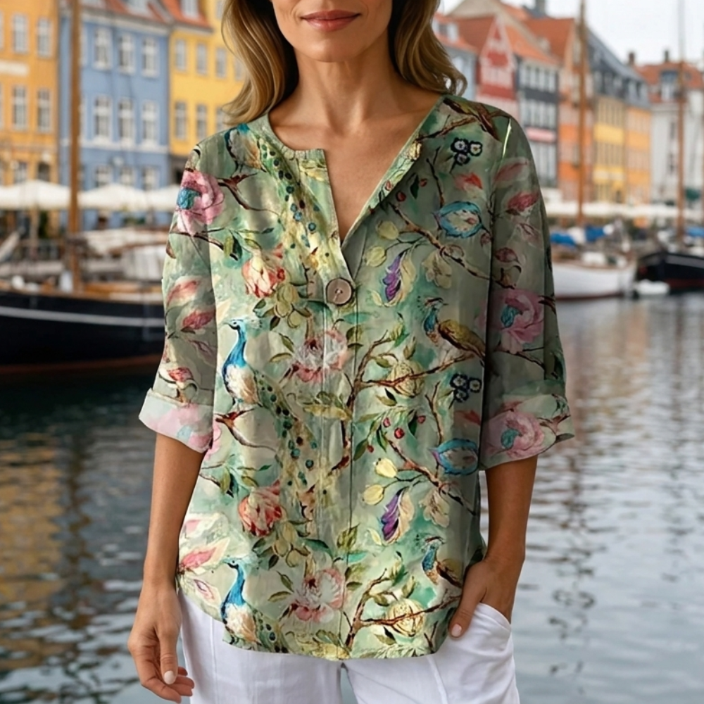 Bluse med blomsterprint og knapdetaljer | V-Hals | Let & Elegant Hverdagsstil