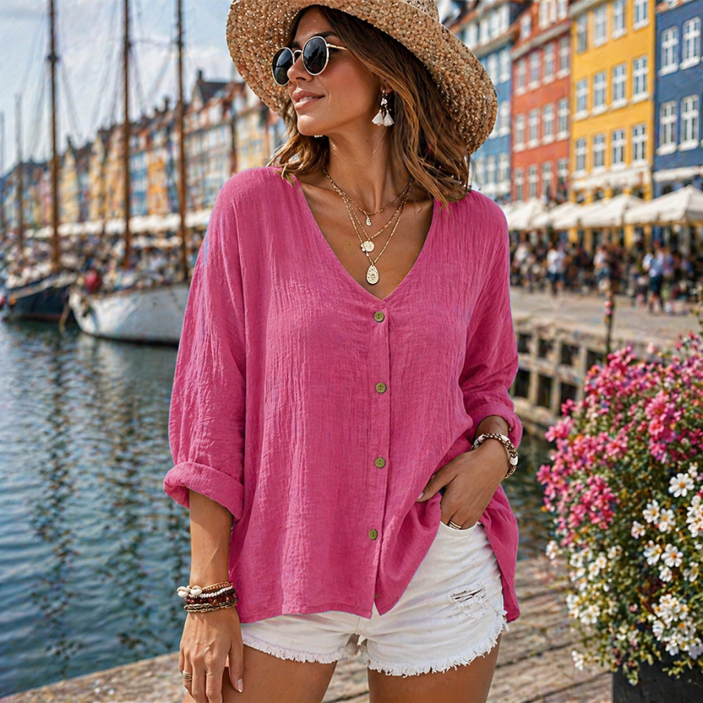 Bluse med V-Hals og Knapdetaljer | Løs Pasform | Let & Afslappet Stil