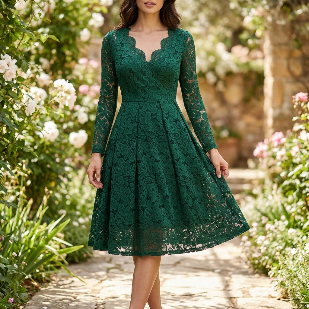 Gallakjole med Blonde | V-Hals Design | Elegant & Figursyet