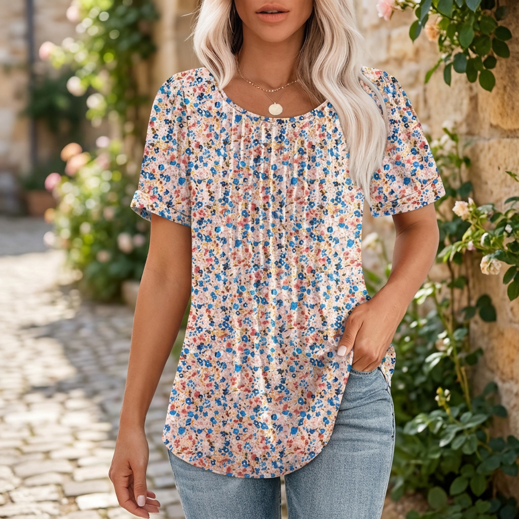 Top med Plisserede Detaljer | Rund Hals | Komfortabel & Stilren