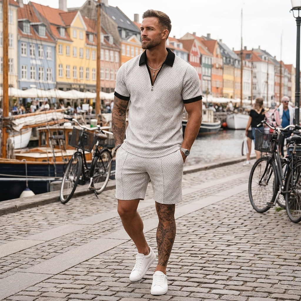 Tshirt og shorts sæt moderne stil | Strukturmønstret Design | Komfort & Afslappet Elegance