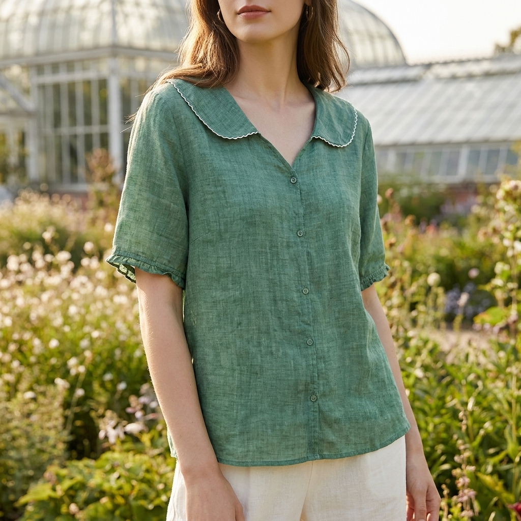 Sommer Bluse med Bølget Krave | Knaplukning | Let & Afslappet