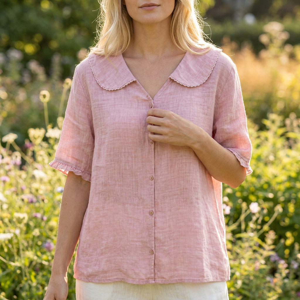 Sommer Bluse med Bølget Krave | Knaplukning | Let & Afslappet