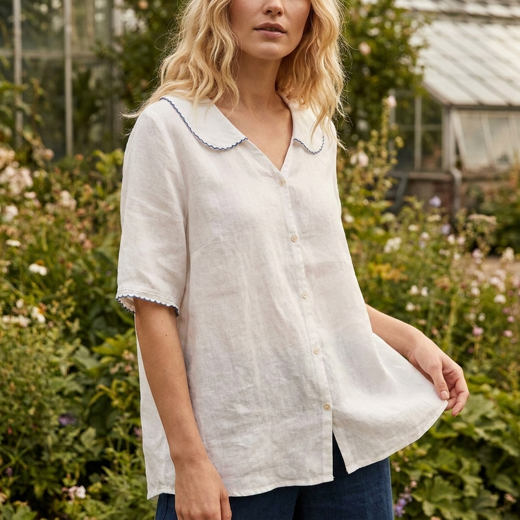 Sommer Bluse med Bølget Krave | Knaplukning | Let & Afslappet