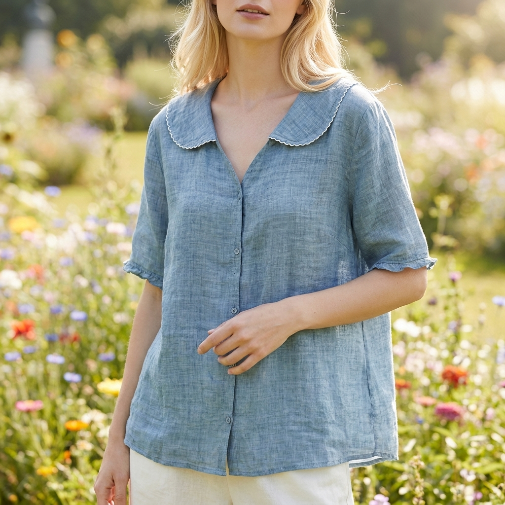 Sommer Bluse med Bølget Krave | Knaplukning | Let & Afslappet