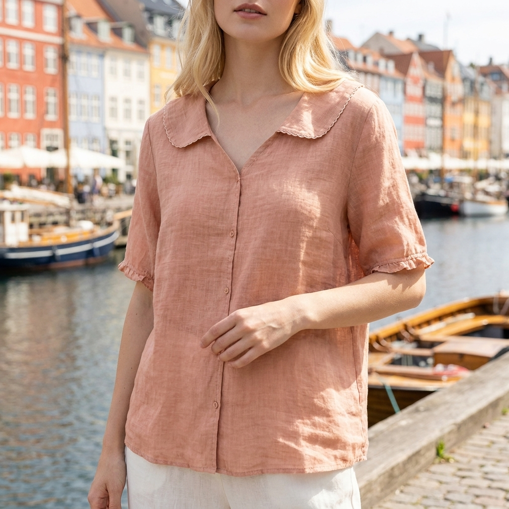 Sommer Bluse med Bølget Krave | Knaplukning | Let & Afslappet