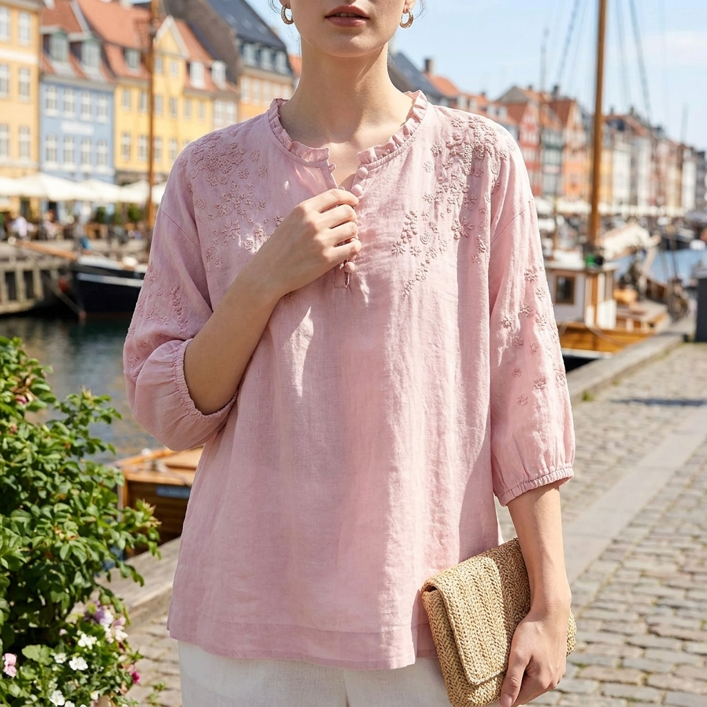Blomster bluse med Broderi | Rund Hals med Knapdetaljer | Let & Feminint Udtryk