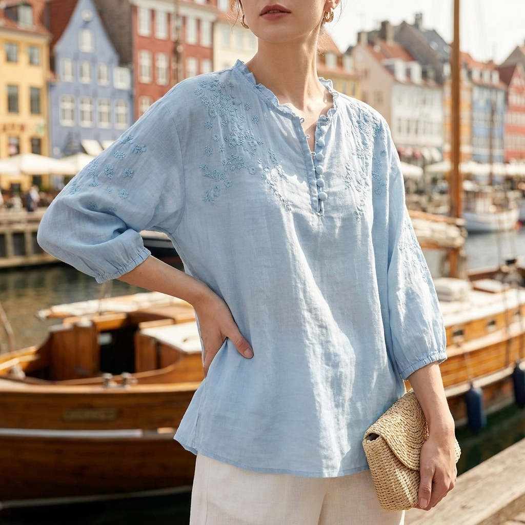 Blomster bluse med Broderi | Rund Hals med Knapdetaljer | Let & Feminint Udtryk