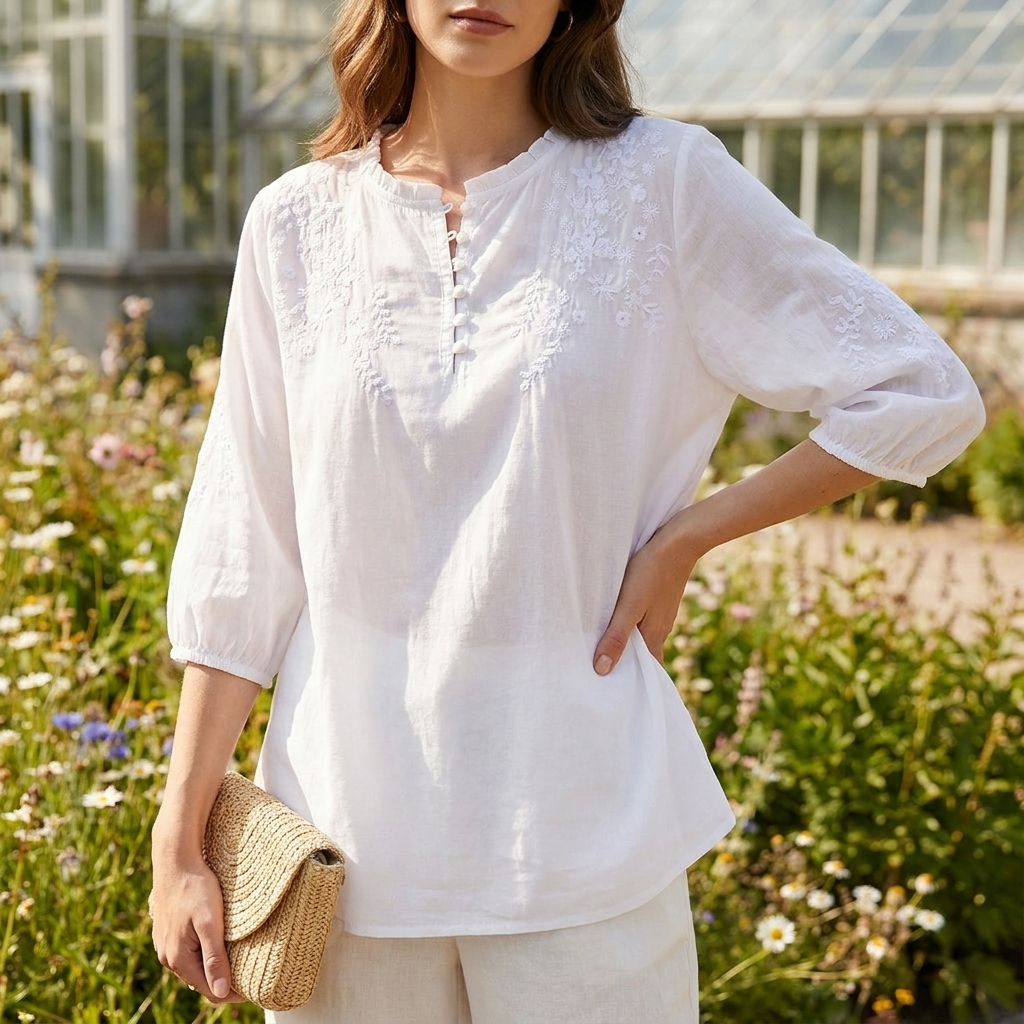 Blomster bluse med Broderi | Rund Hals med Knapdetaljer | Let & Feminint Udtryk