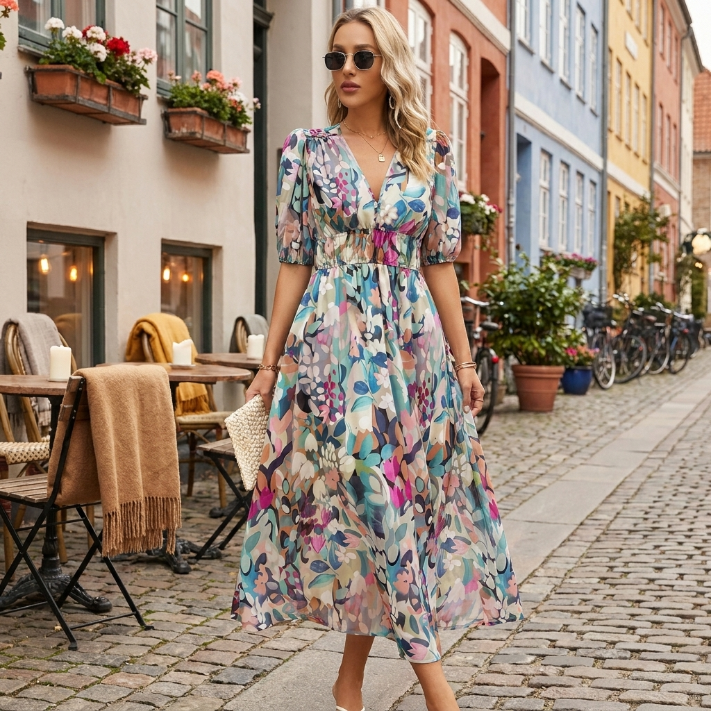 Blomster kjole med V-Hals | Taljeret Pasform | Let & Elegant Sommerstil