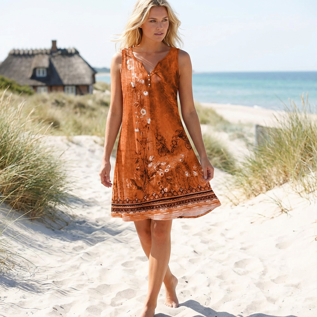 Sommerkjole med Blomsterprint og V-Hals | Ærmeløs Design | Let & Afslappet Sommerstil