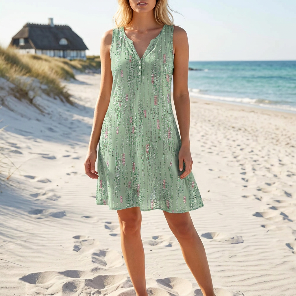 Sommerkjole med Blomsterprint og V-Hals | Ærmeløs Design | Let & Afslappet Sommerstil