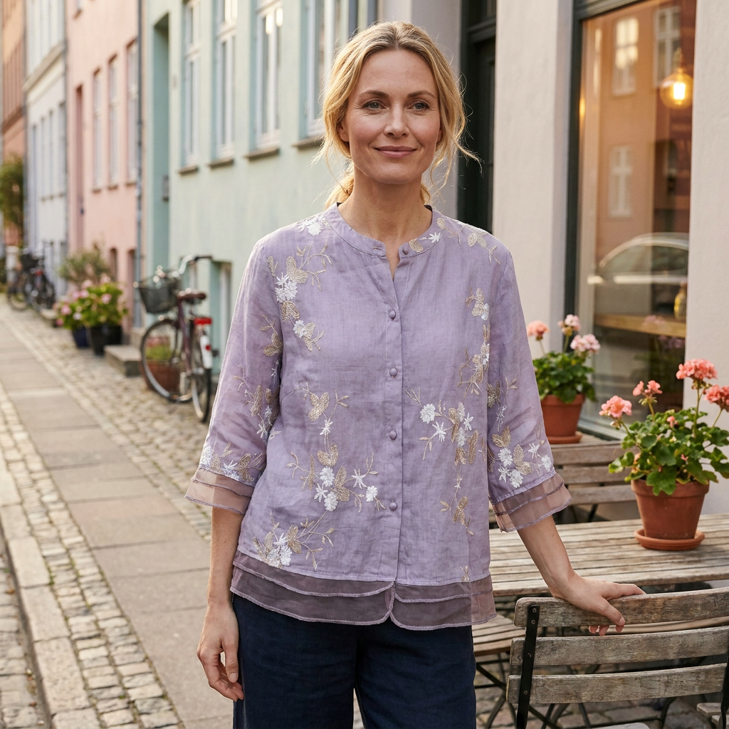 Bluse med blomsterdetaljer og broderi | Knaplukning | Let & Elegant Hverdagsstil