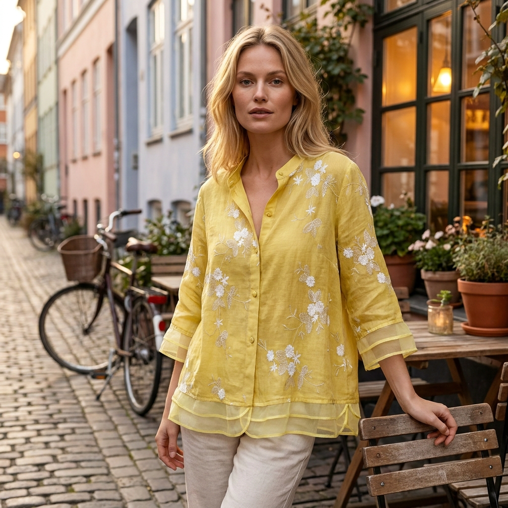 Bluse med blomsterdetaljer og broderi | Knaplukning | Let & Elegant Hverdagsstil