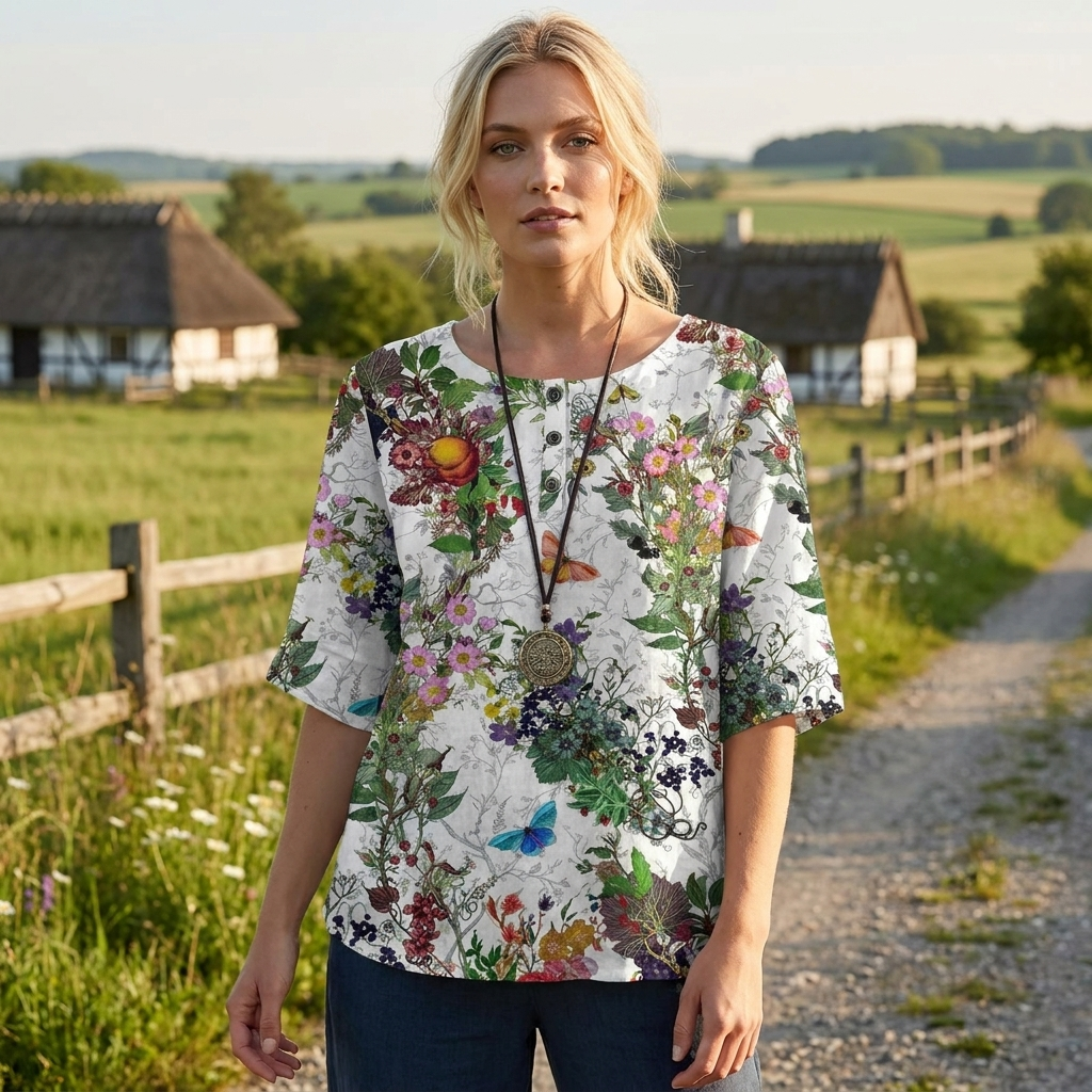 Sommer top med blomsterprint | Knapdetaljer & Rund Hals | Let & Afslappet Sommerstil