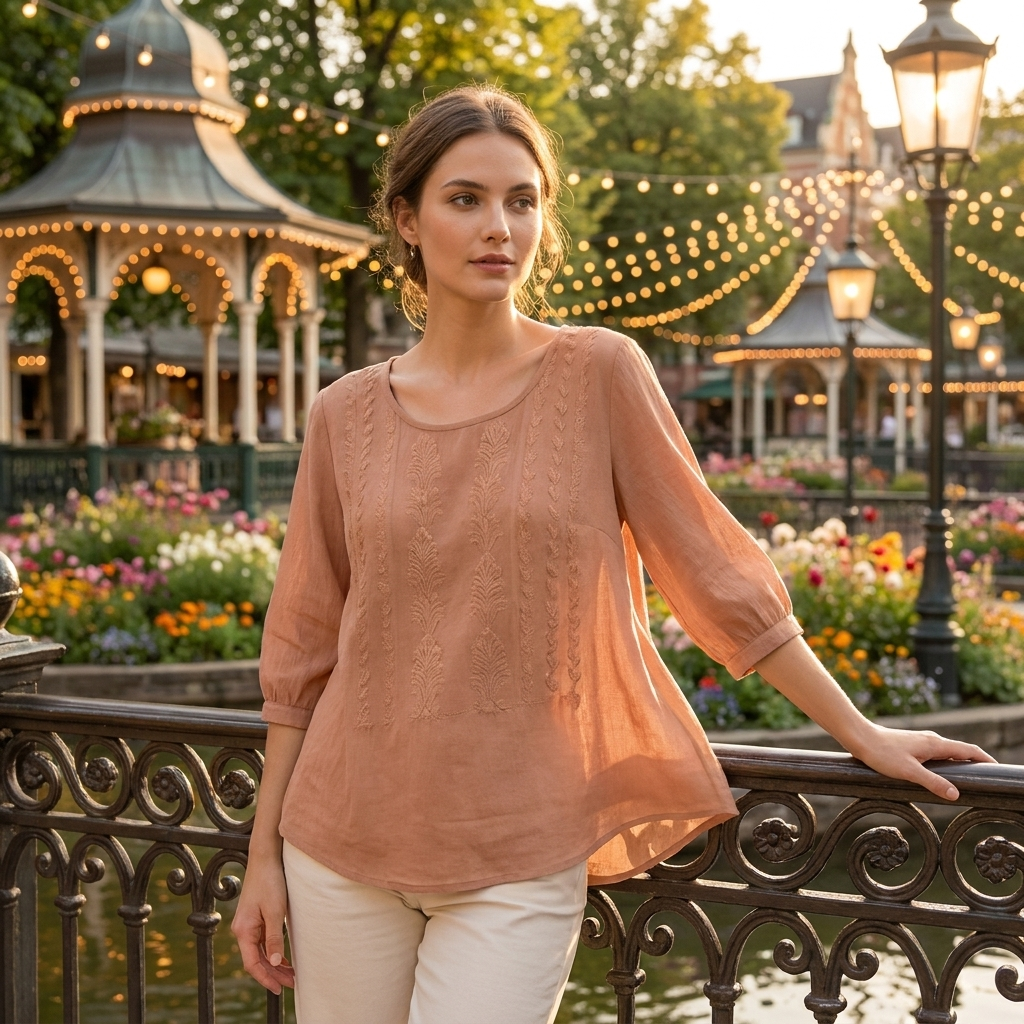 Blomster bluse med broderede detaljer | Rund hals & løse ærmer | Let & Elegant Hverdagsstil