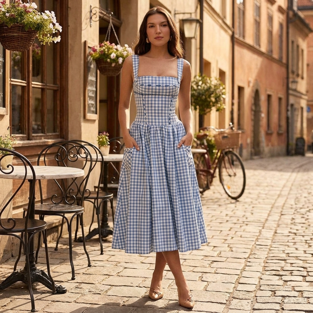 Sommerkjole med ternet mønster | Firkantet udskæring & brede stropper | Let & Feminint Sommerlook