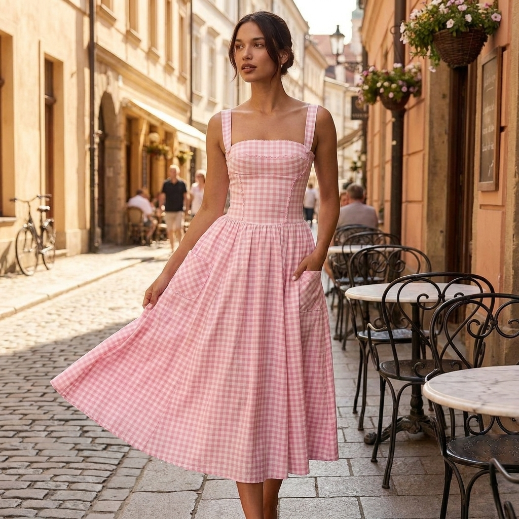 Sommerkjole med ternet mønster | Firkantet udskæring & brede stropper | Let & Feminint Sommerlook