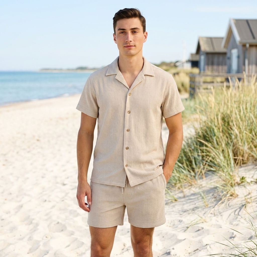 Sommersæt med skjorte og shorts | Knaplukning & elastisk talje | Let & Afslappet Sommerstil