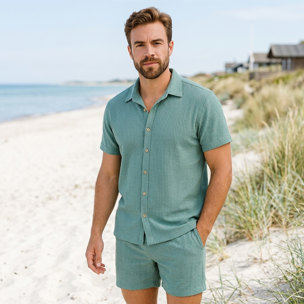 Sommersæt med skjorte og shorts | Knaplukning & elastisk talje | Let & Afslappet Sommerstil