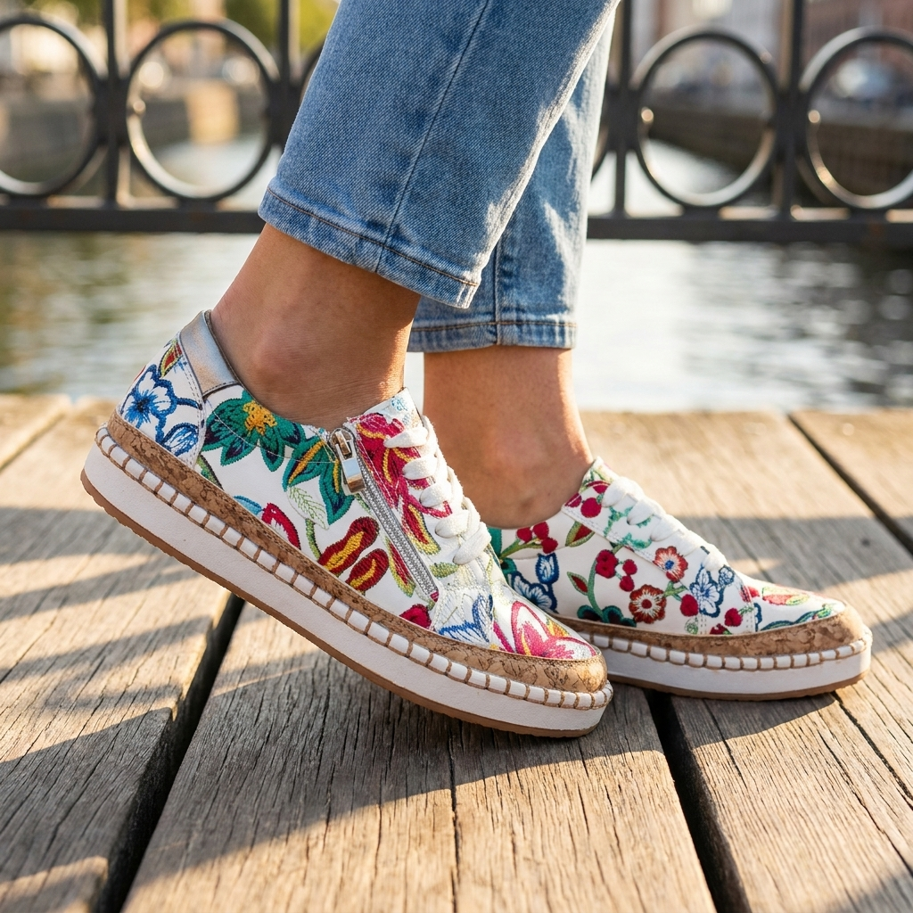 Blomstersko med Farverigt Print | Komfortabelt Snøredesign | Let & Trendy Hverdagsstil