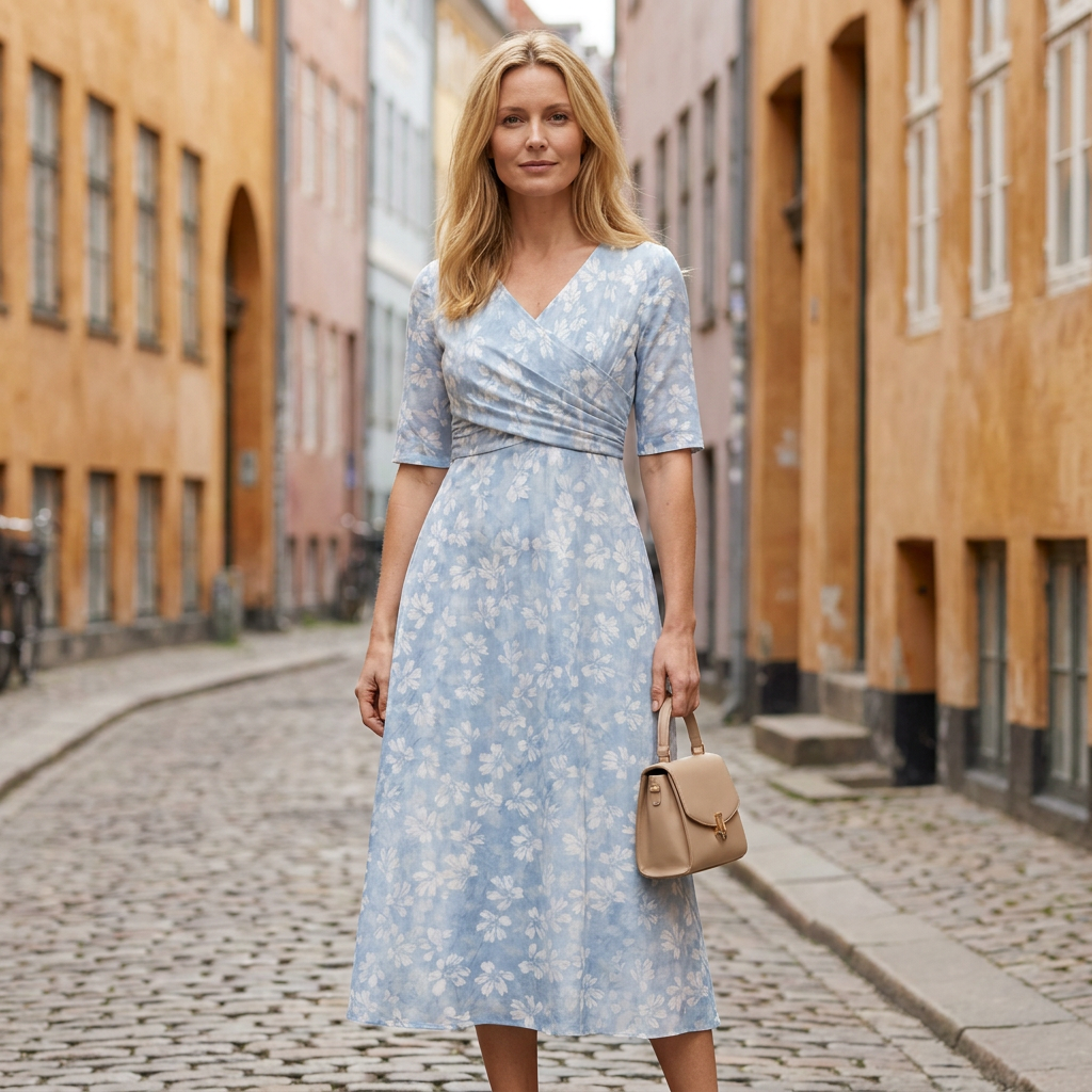 Blomsterkjole med V-hals | Elegant omslagsdesign & midi-længde | Feminin & Tidløs Stil