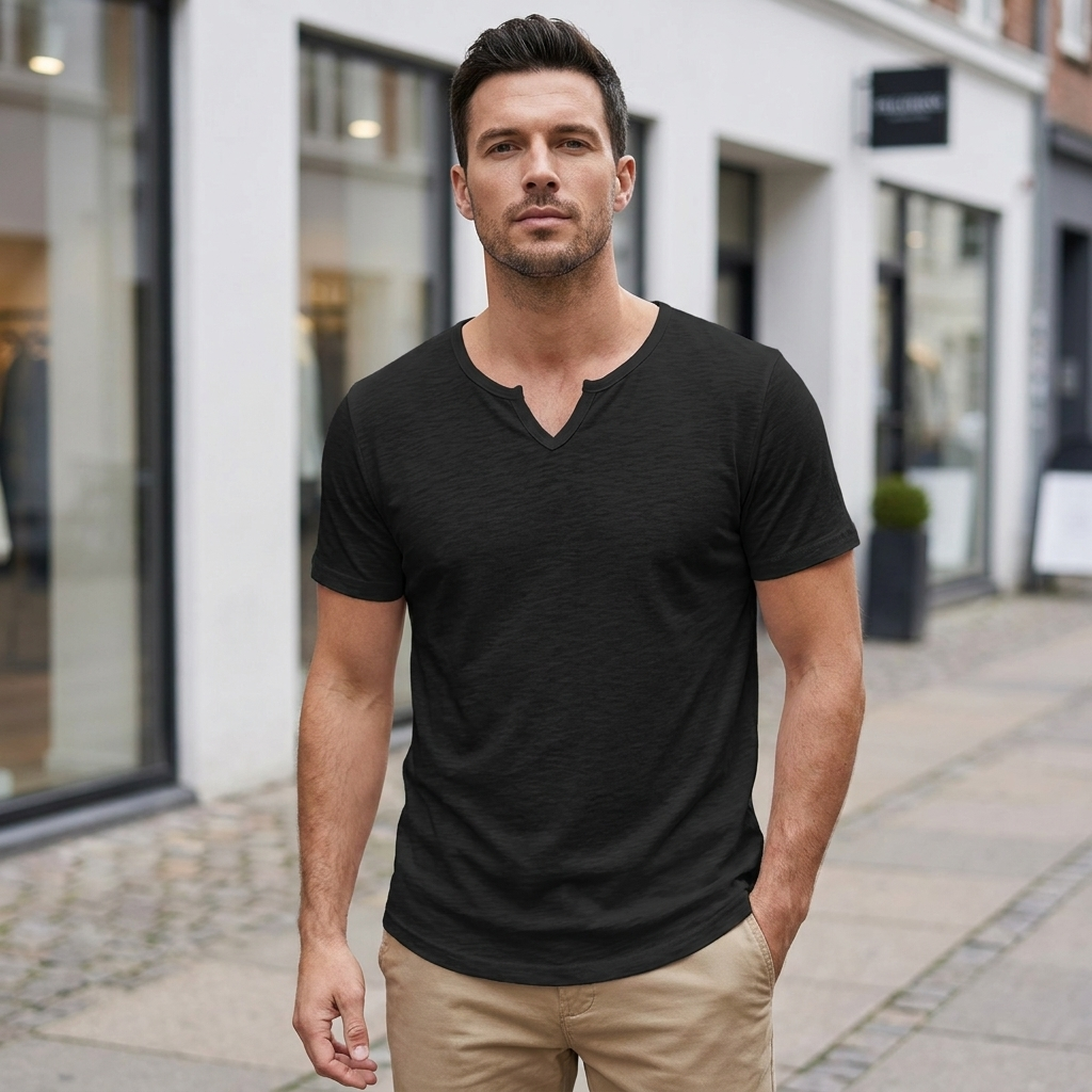 T-Shirt til Mænd med V-Udskæring og Let Struktur | Korte Ærmer & Afslappet Pasform | Åndbar & Komfortabel Hverdagsstil