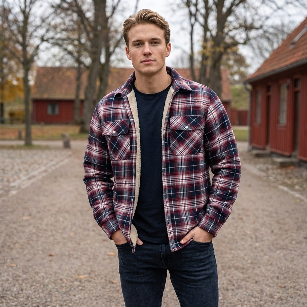 Sherpa-foret Ternet Jakke til Herre | Varm Sherpa-foring & Klassisk Skovmandsdesign | Komfort til Kølige Dage