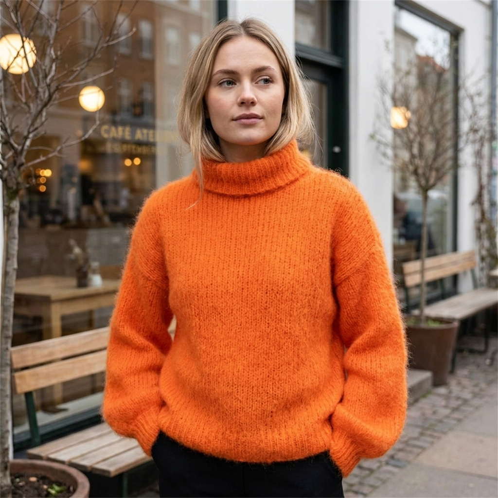 Strikket Uldsweater Til Kvinder Med Høj Hals Og Blød Tekstur